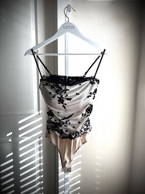 Cream and Black Lace Cami Bodysuit Top